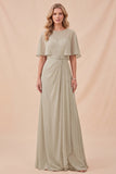 Taupe A Line Chiffon Half Sleeves Long Beach Wedding Guest Dress with Belt