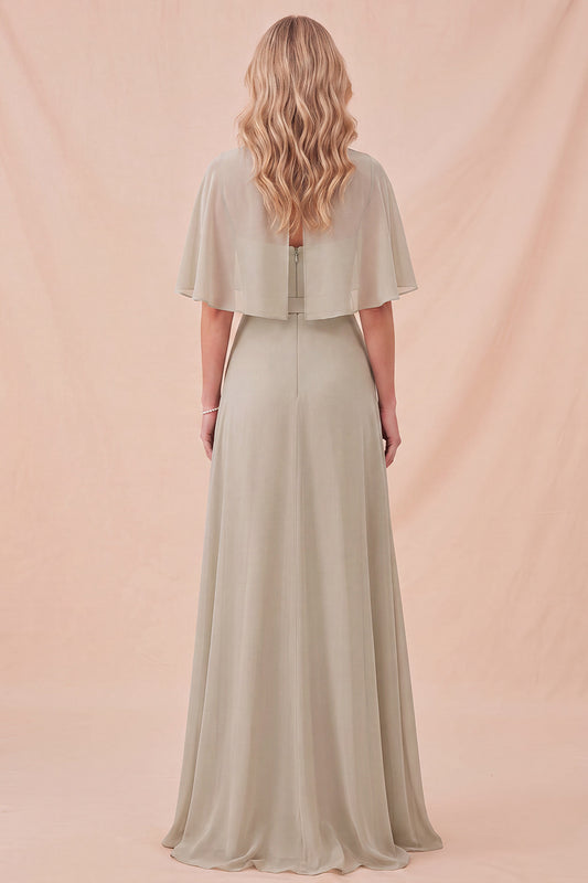 Taupe A Line Chiffon Half Sleeves Long Beach Wedding Guest Dress with Belt