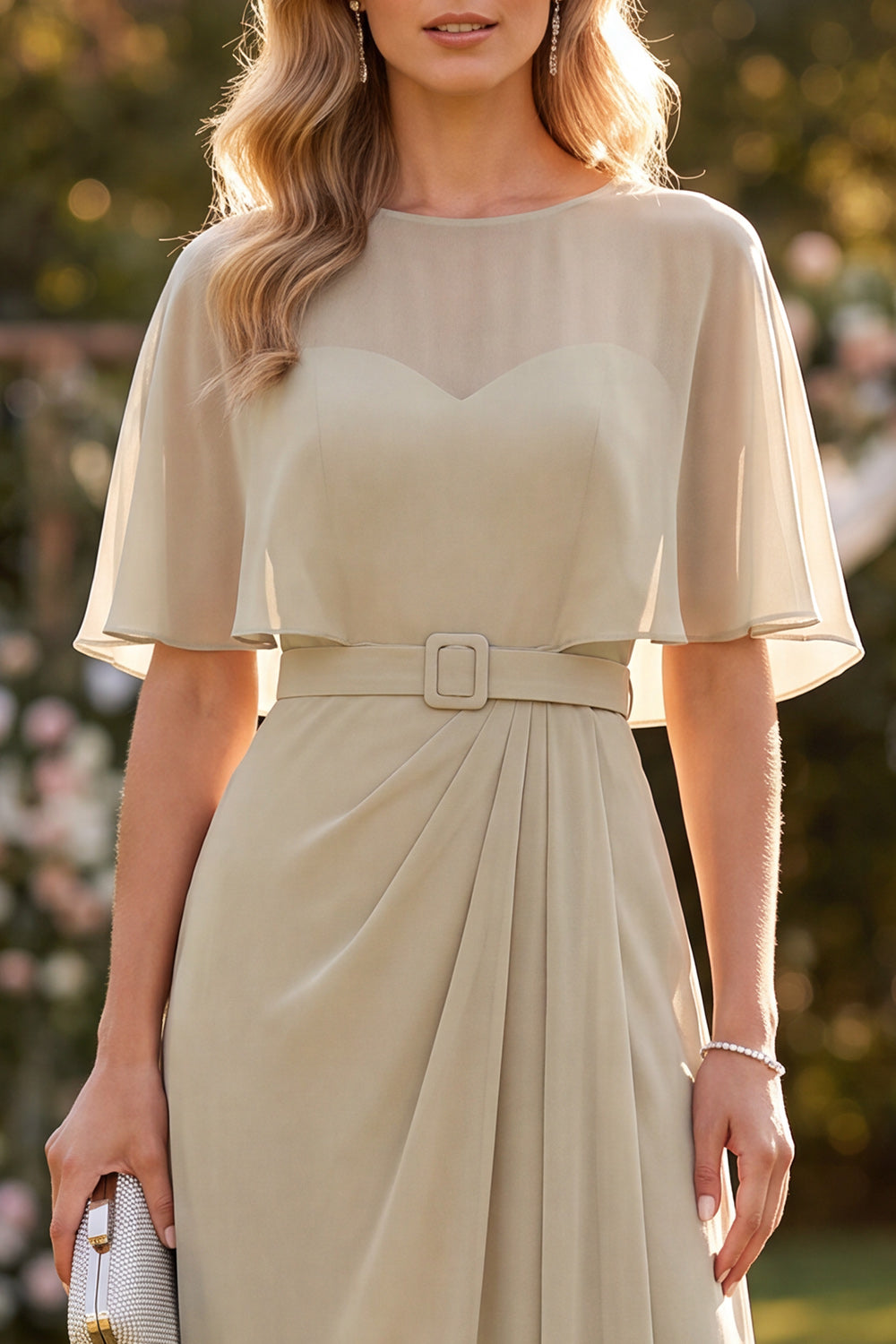 Taupe A Line Chiffon Half Sleeves Long Beach Wedding Guest Dress with Belt