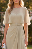 Taupe A Line Chiffon Half Sleeves Long Beach Wedding Guest Dress with Belt