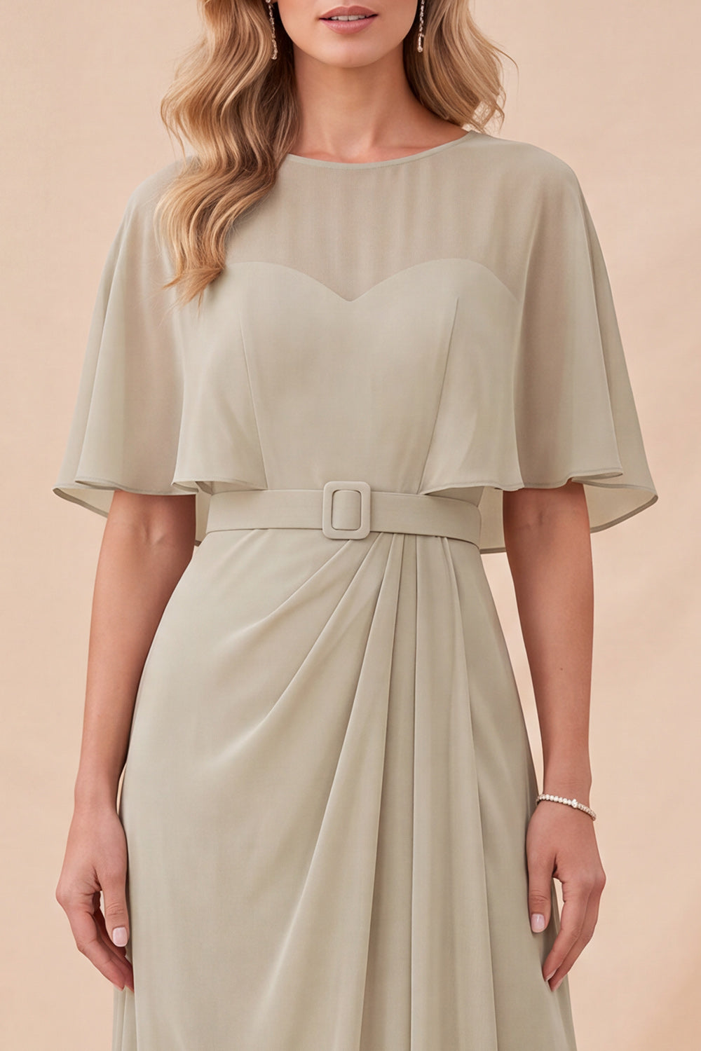 Taupe A Line Chiffon Half Sleeves Long Beach Wedding Guest Dress with Belt