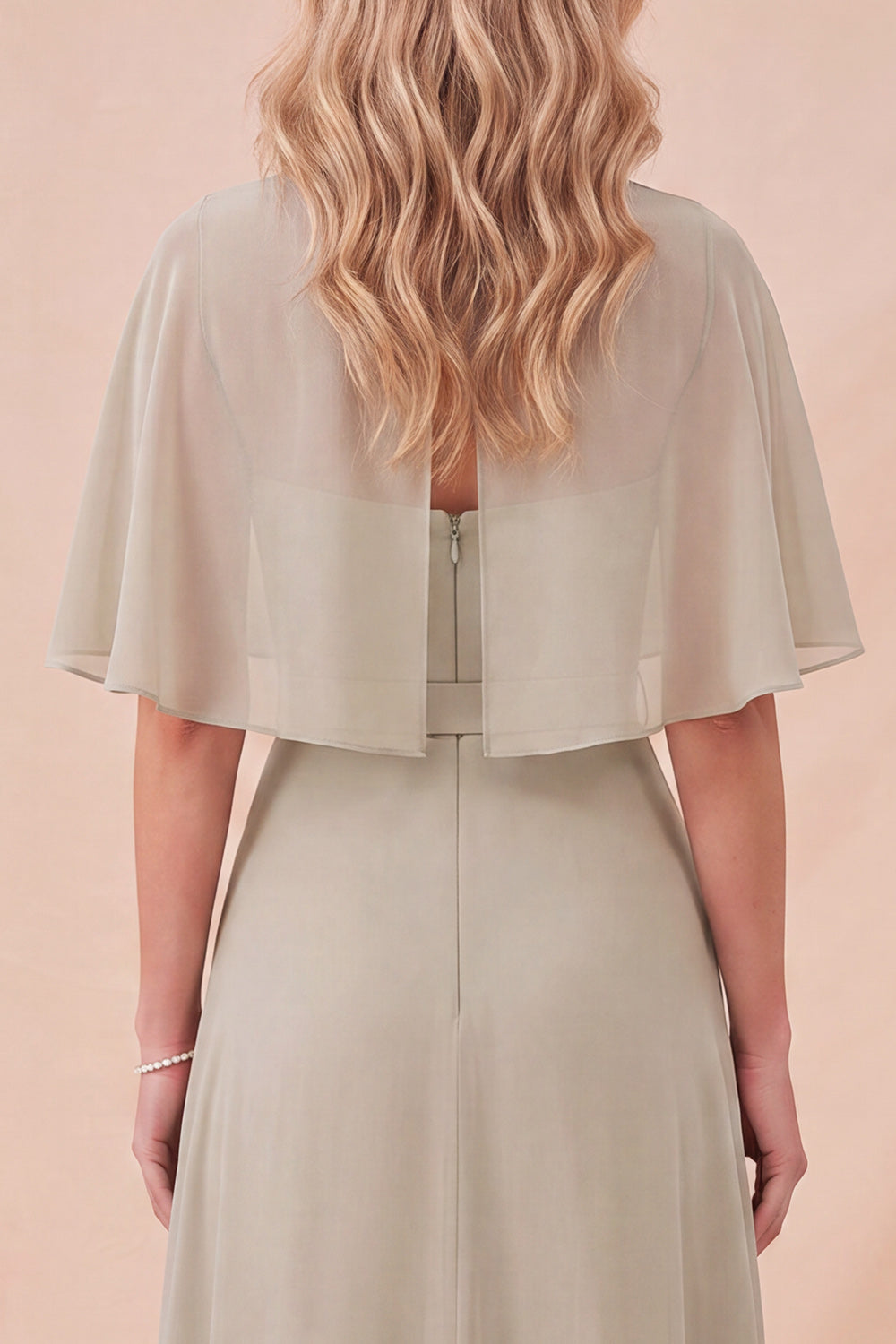 Zapakasa Women Taupe A Line Chiffon Long Beach Wedding Guest Dress with Sleeves Illusion Boat Neck Ruched Formal Dress with Belt
