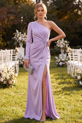 Light Purple Satin Mermaid Ruched Long Sleeve Wedding Guest Dress