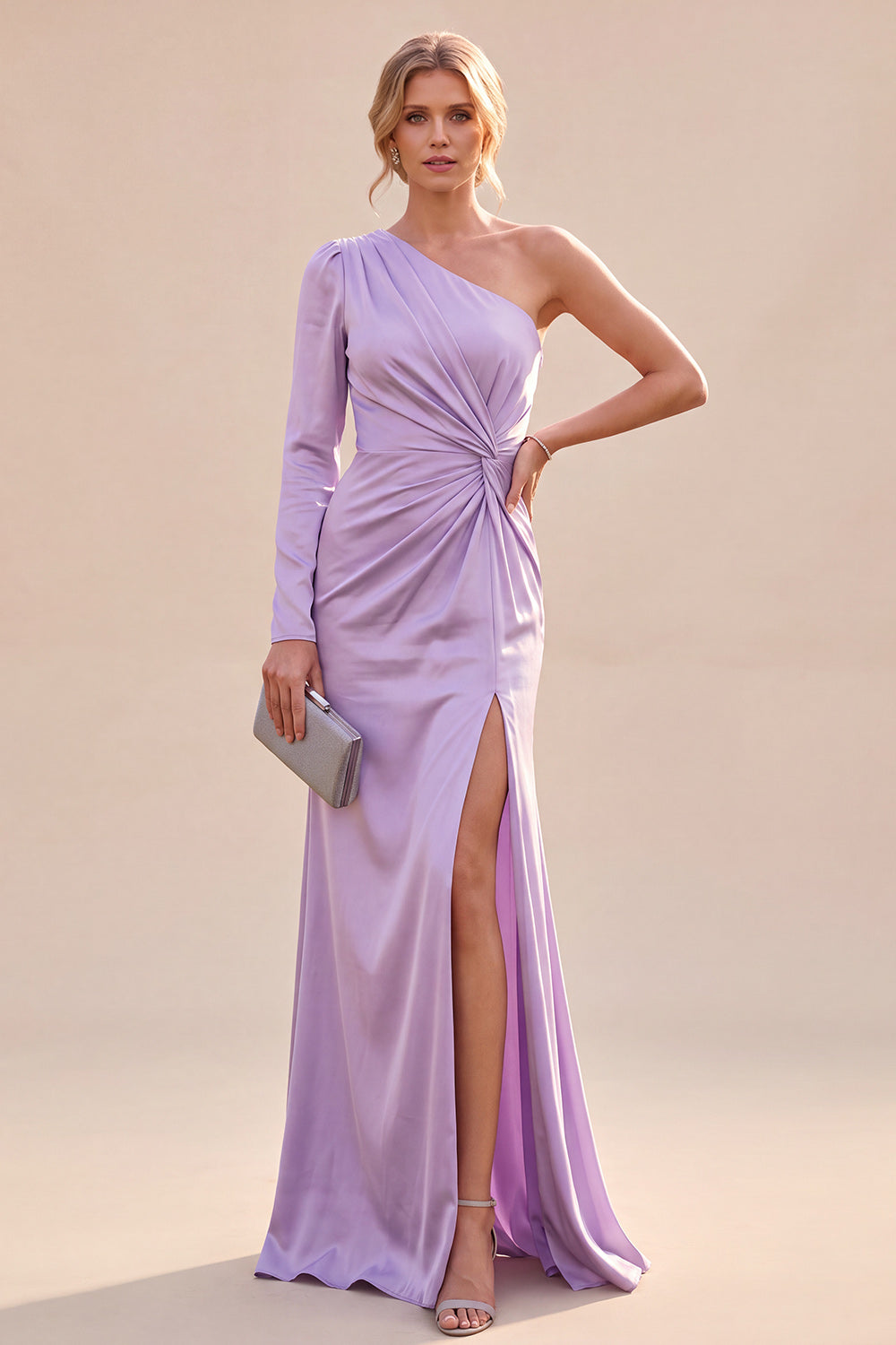 Light Purple Satin Mermaid Ruched Long Sleeve Wedding Guest Dress