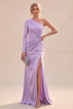 Light Purple Satin Mermaid Ruched Long Sleeve Wedding Guest Dress