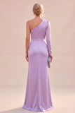 Light Purple Satin Mermaid Ruched Long Sleeve Wedding Guest Dress