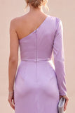 Light Purple Satin Mermaid Ruched Long Sleeve Wedding Guest Dress