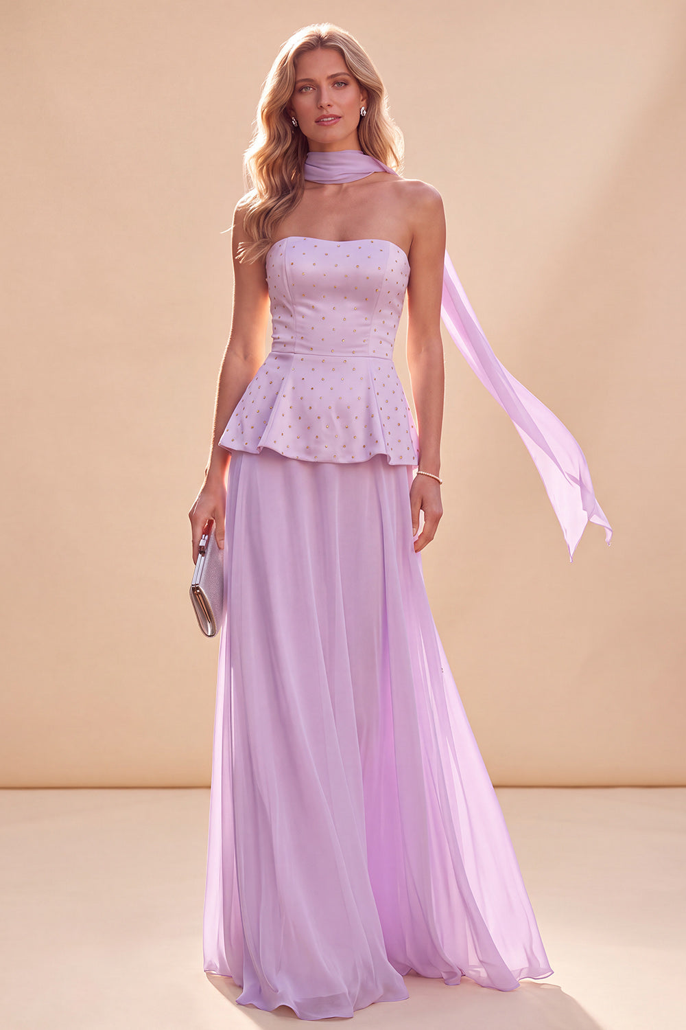 Light Purple Beaded Chiffon Long Beach Wedding Guest Dress with Neck Scarf