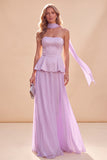 Light Purple Beaded Chiffon Long Beach Wedding Guest Dress with Neck Scarf