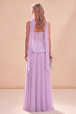 Light Purple Beaded Chiffon Long Beach Wedding Guest Dress with Neck Scarf