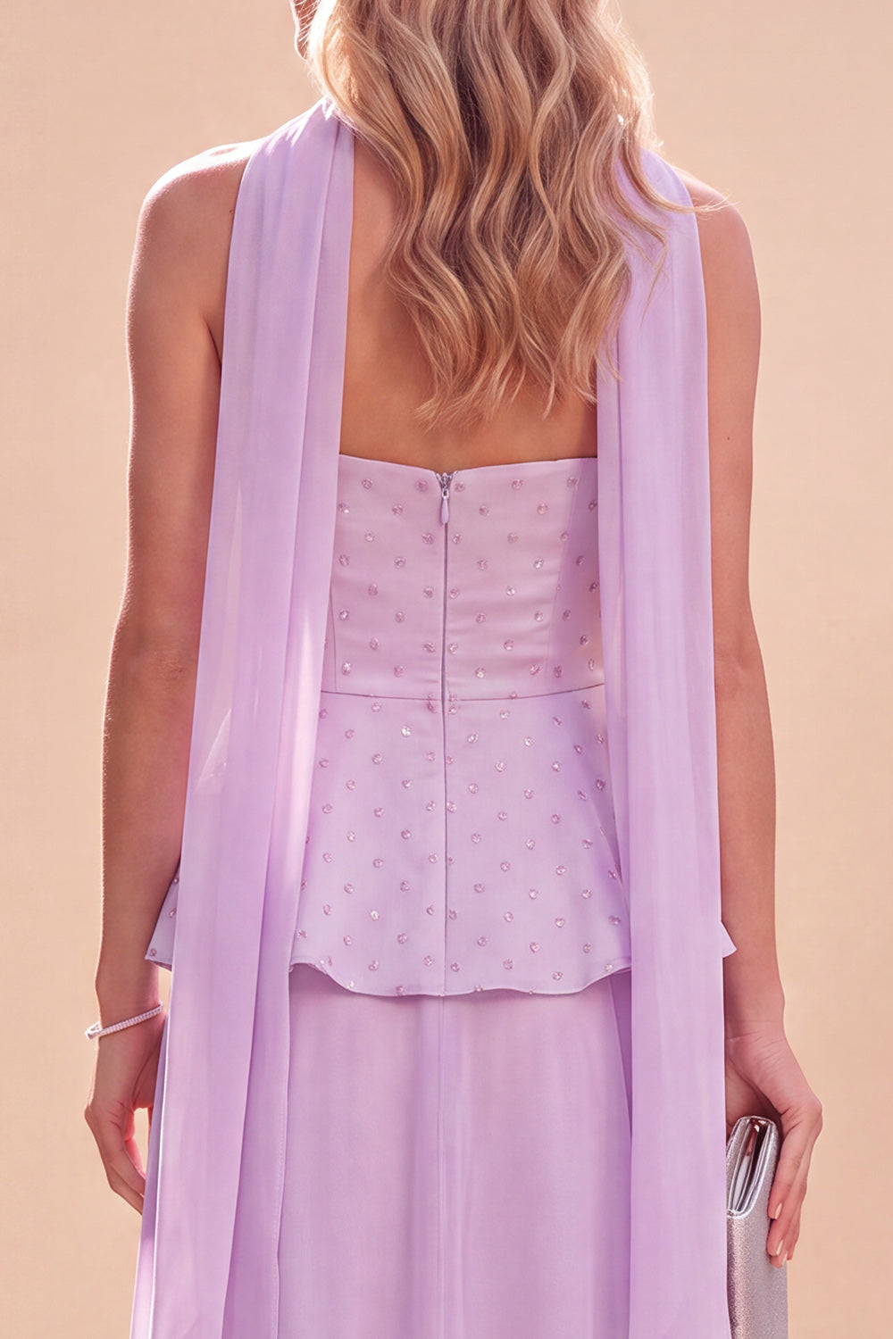 Light Purple Beaded Chiffon Long Beach Wedding Guest Dress with Neck Scarf