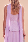 Light Purple Beaded Chiffon Long Beach Wedding Guest Dress with Neck Scarf