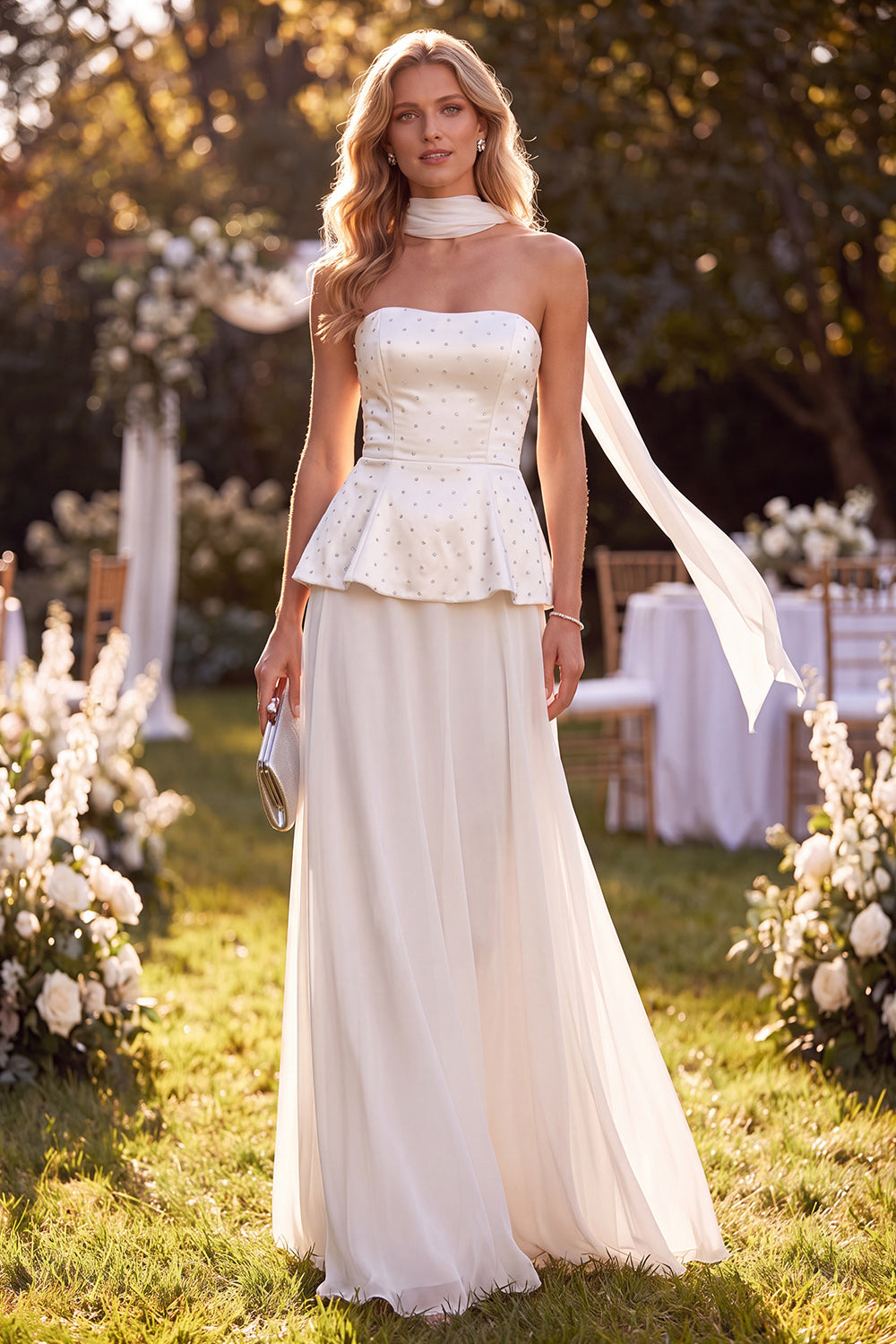 Light Purple Beaded Chiffon Long Beach Wedding Guest Dress with Neck Scarf
