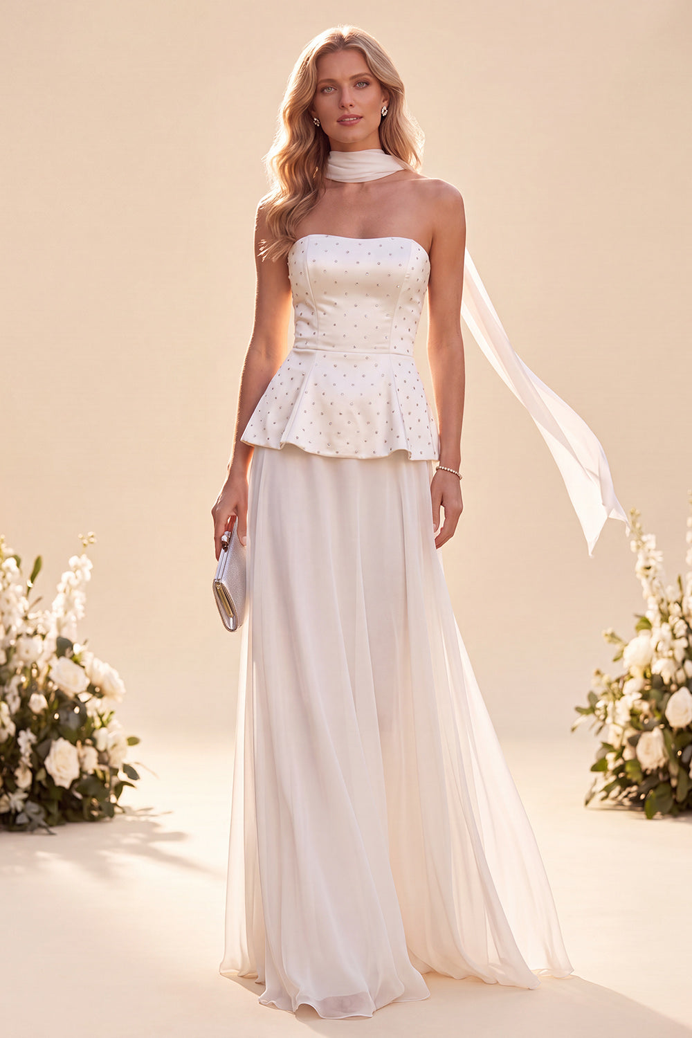 ZAPAKA Women Light Purple Wedding Guest Dress with Beading Strapless A-Line Ruffled Chiffon Maxi Dress, White / US24W