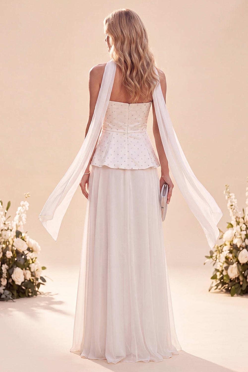 Light Purple Beaded Chiffon Long Beach Wedding Guest Dress with Neck Scarf
