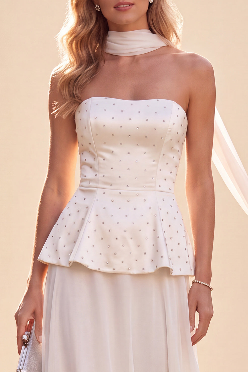 Light Purple Beaded Chiffon Long Beach Wedding Guest Dress with Neck Scarf
