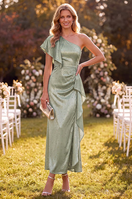 Dusty Sage Satin Beaded Ruffled Maxi Wedding Guest Dress with Sleeve