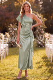 Dusty Sage Satin Beaded Ruffled Maxi Wedding Guest Dress with Sleeve