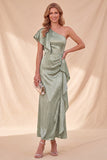 Dusty Sage Satin Beaded Ruffled Maxi Wedding Guest Dress with Sleeve