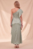Dusty Sage Satin Beaded Ruffled Maxi Wedding Guest Dress with Sleeve