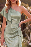 Dusty Sage Satin Beaded Ruffled Maxi Wedding Guest Dress with Sleeve