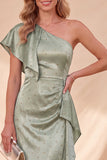 Dusty Sage Satin Beaded Ruffled Maxi Wedding Guest Dress with Sleeve