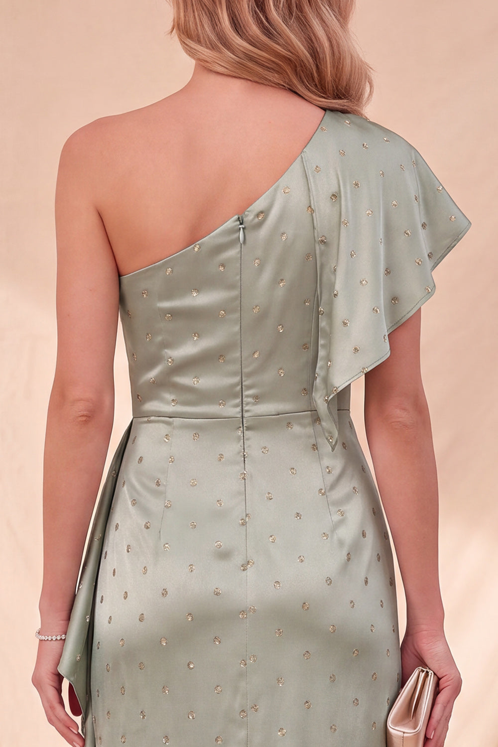 Dusty Sage Satin Beaded Ruffled Maxi Wedding Guest Dress with Sleeve
