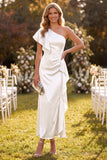 Dusty Sage Satin Beaded Ruffled Maxi Wedding Guest Dress with Sleeve