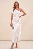 Dusty Sage Satin Beaded Ruffled Maxi Wedding Guest Dress with Sleeve