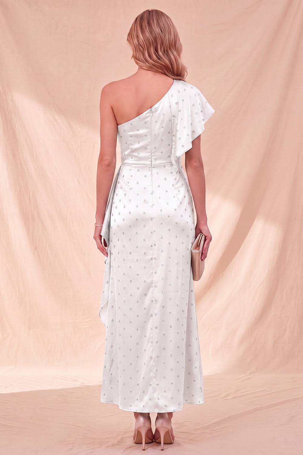 Dusty Sage Satin Beaded Ruffled Maxi Wedding Guest Dress with Sleeve