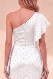 Dusty Sage Satin Beaded Ruffled Maxi Wedding Guest Dress with Sleeve