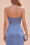 Slate Blue Mermaid Satin Ruched Long Wedding Guest Dress with Slit