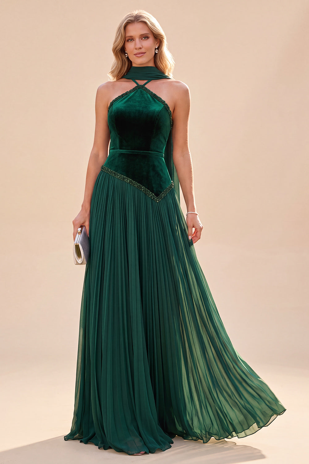 A Line Dark Green Velvet Pleated Long Beach Wedding Guest Dress with Neck Scarf