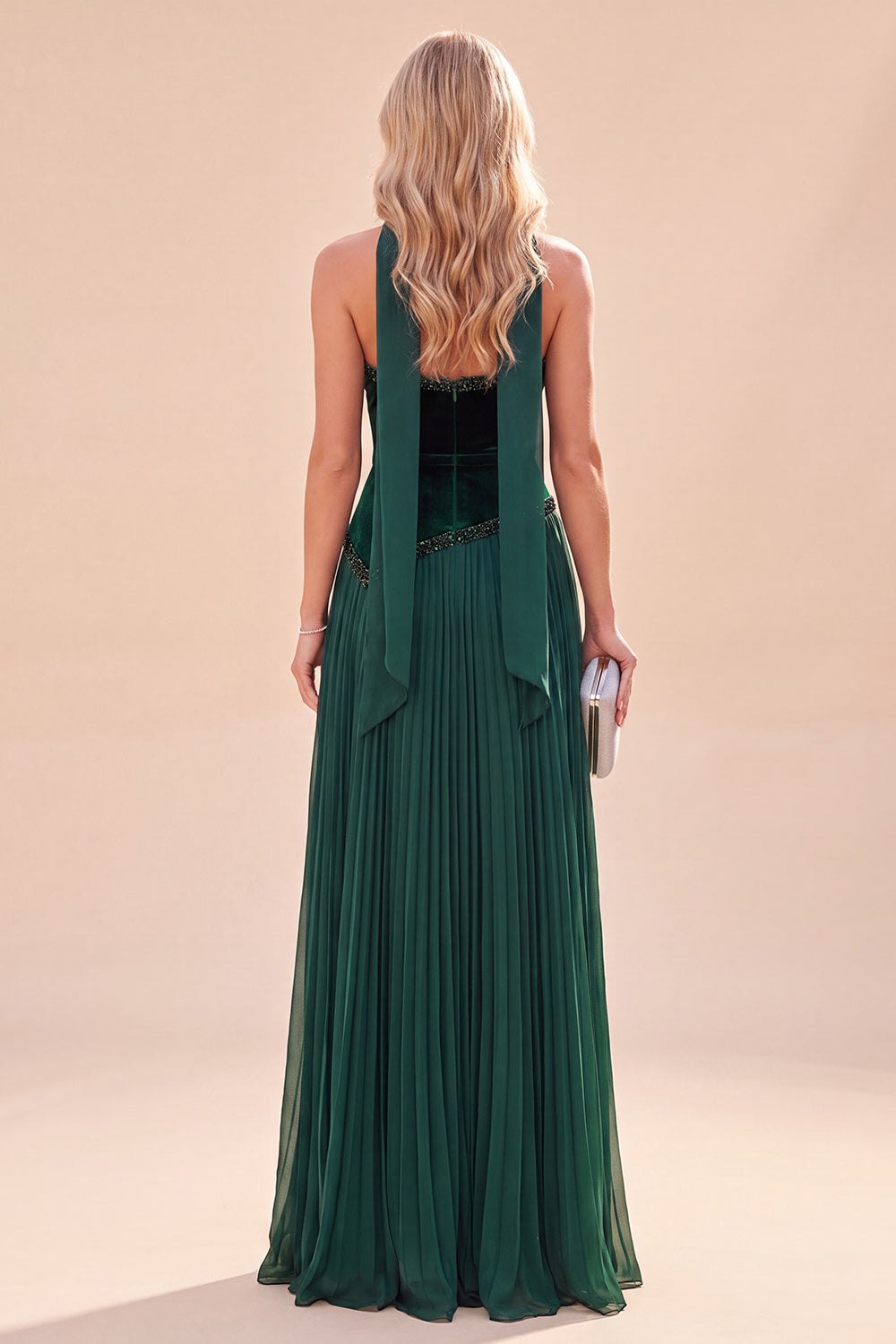 A Line Dark Green Velvet Pleated Long Beach Wedding Guest Dress with Neck Scarf