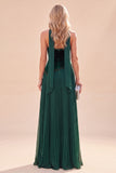 A Line Dark Green Velvet Pleated Long Beach Wedding Guest Dress with Neck Scarf