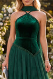 A Line Dark Green Velvet Pleated Long Beach Wedding Guest Dress with Neck Scarf