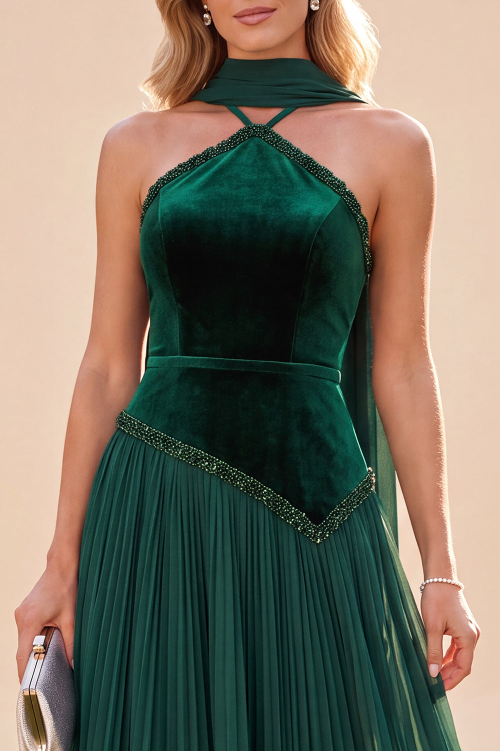 A Line Dark Green Velvet Pleated Long Beach Wedding Guest Dress with Neck Scarf