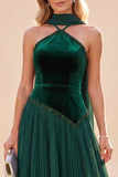 A Line Dark Green Velvet Pleated Long Beach Wedding Guest Dress with Neck Scarf