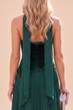 A Line Dark Green Velvet Pleated Long Beach Wedding Guest Dress with Neck Scarf