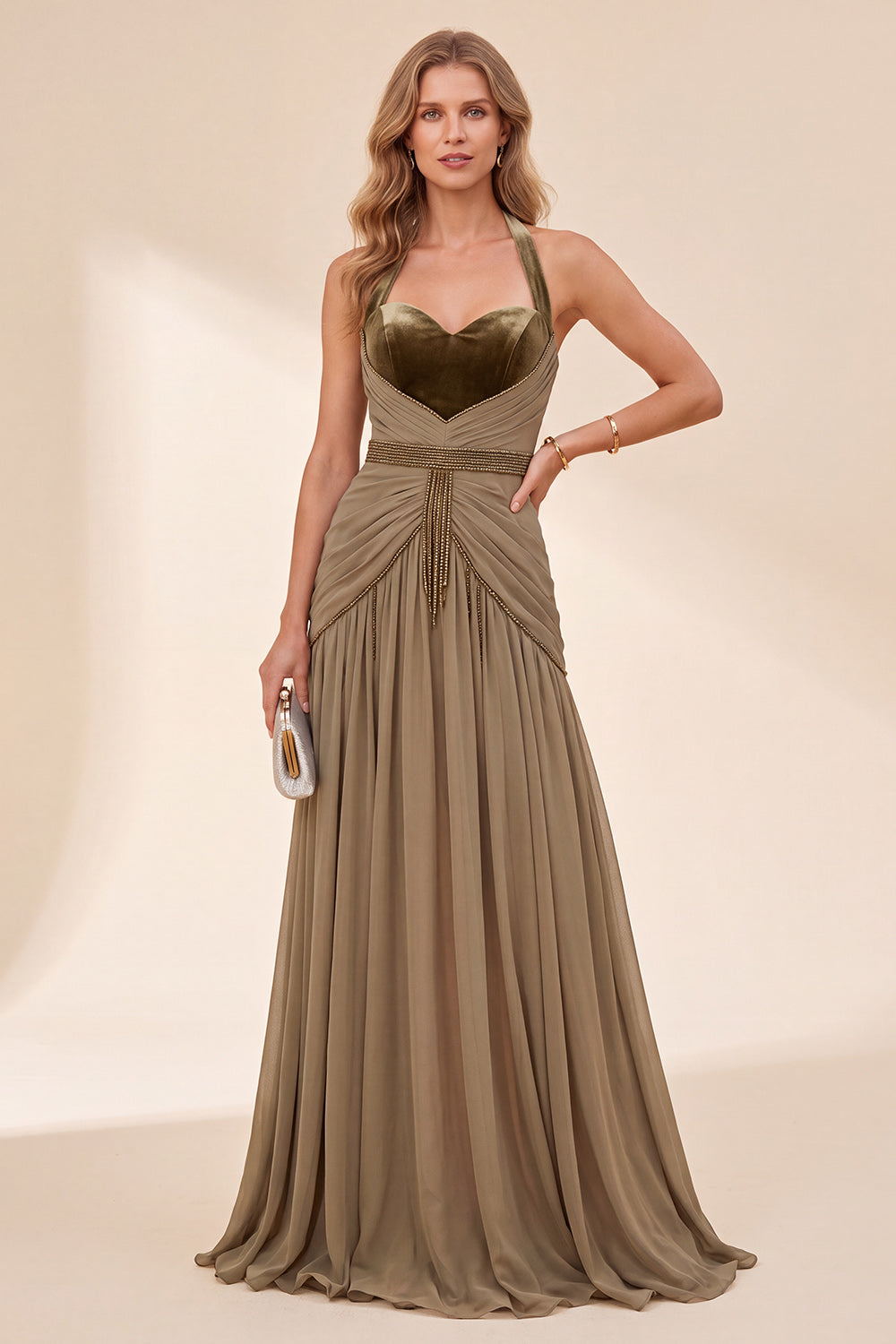 Zapakasa Women Beaded Khaki Chiffon Long Beach Wedding Guest Dress Velvet Pleated Halter A Line Formal Dress