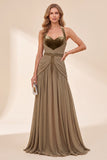 A Line Khaki Halter Pleated Beaded Long Beach Wedding Guest Dress