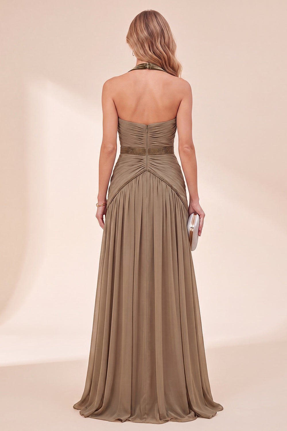 A Line Khaki Halter Pleated Beaded Long Beach Wedding Guest Dress