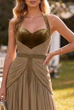 A Line Khaki Halter Pleated Beaded Long Beach Wedding Guest Dress