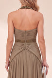 A Line Khaki Halter Pleated Beaded Long Beach Wedding Guest Dress