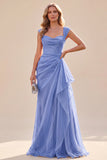 Blue A Line Ruched Ruffled Cap Sleeves Long Wedding Guest Dress