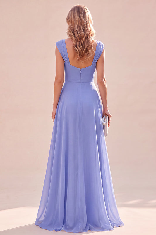 Blue A Line Ruched Ruffled Cap Sleeves Long Wedding Guest Dress