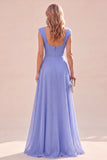 Blue A Line Ruched Ruffled Cap Sleeves Long Wedding Guest Dress