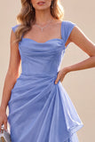 Blue A Line Ruched Ruffled Cap Sleeves Long Wedding Guest Dress