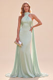 Mint Green Mermaid Halter Long Wedding Guest Dress with Neck Scarf
