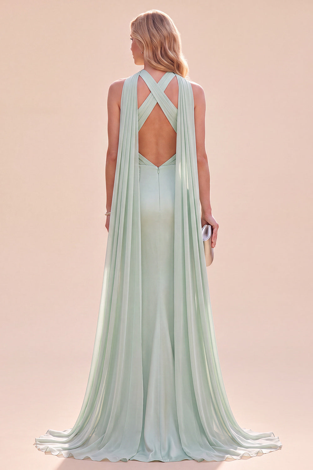Mint Green Mermaid Halter Long Wedding Guest Dress with Neck Scarf